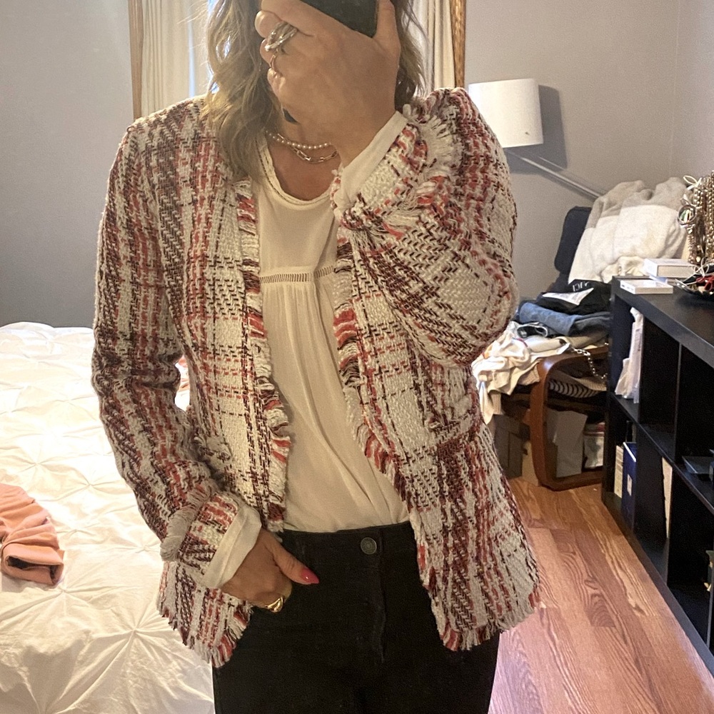 Halogen tweed blazer. Pink and white perfect colors for summer.